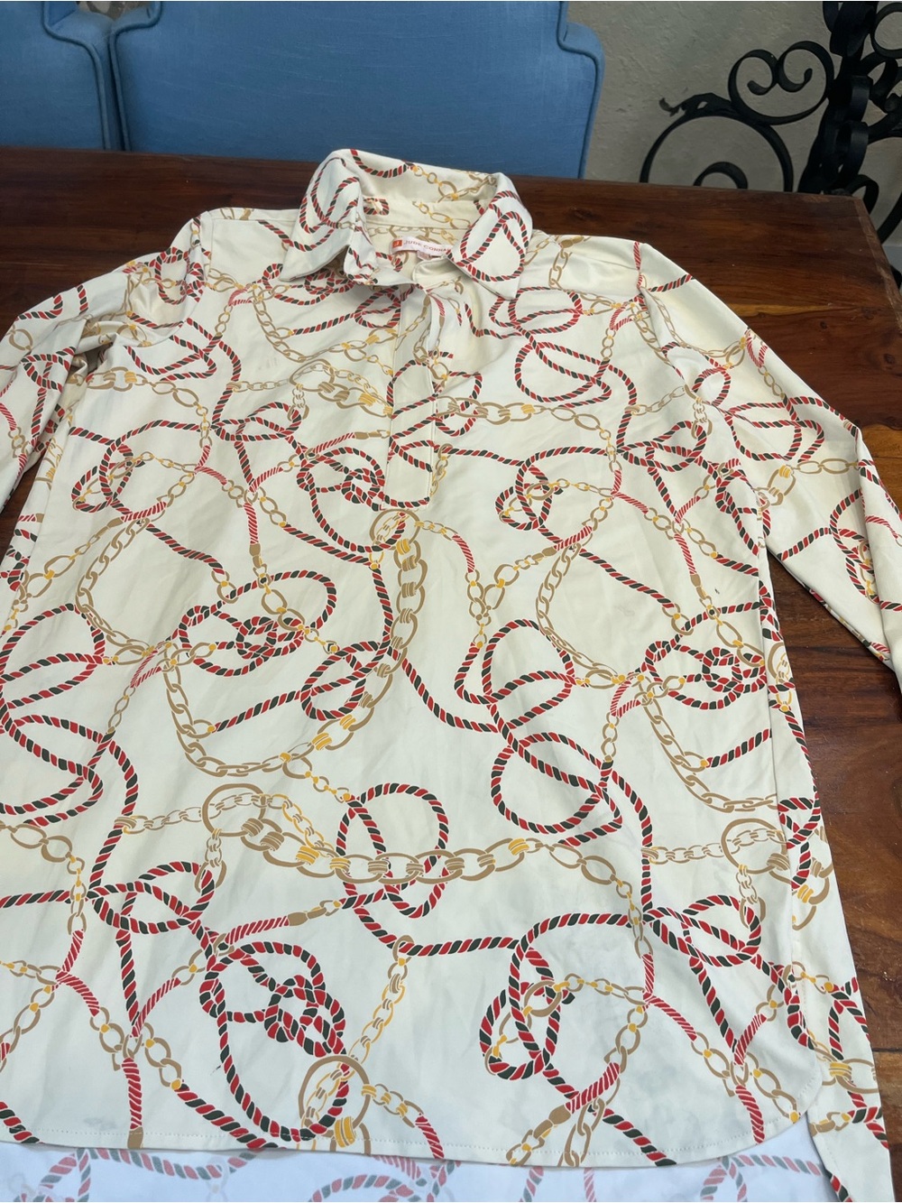 Jude Connally Cream Button-Front Blouse with Red Rope and Gold Chain Motif